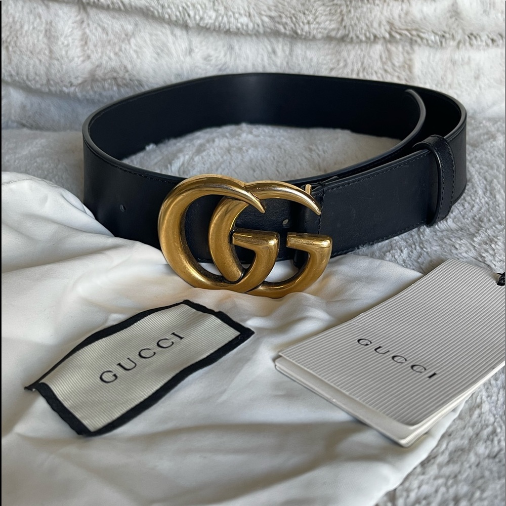 SOLD Authentic 100% Gucci Black Wide Marmont Belt 1.5" Width - Size 75/30